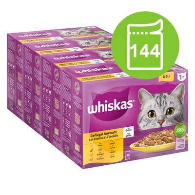 Whiskas Fågelurval i gelé, 144 portionspåsar för katter från 1 år. Smaker: kyckling, anka, fågel, kalkon. 100 % balanserad kost.