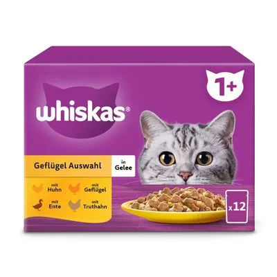 Gemengd Pakket Whiskas 1+ Adult Maaltijdzakjes 12 x 85 g Kattenvoer - Gevogelte-selectie in saus