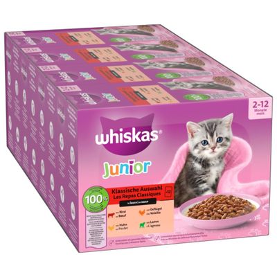 Whiskas Junior Klassinen valikoima kastikkeessa, kissoille 2–12 kk. Lajit: naudanliha, kana, lammas, siipikarja. Pakkaus 12 annospussia, 100 % laadukkaita ainesosia.