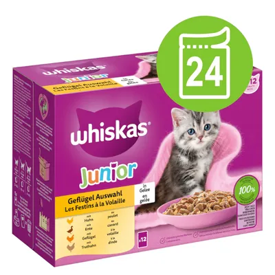 Pachet Whiskas Junior, selecție carne de pasăre în aspic, 24 plicuri. Text vizibil: Geflügel Auswahl, Les Festins à la Volaille, 100 %, in Gelee, x12. Imagine pisoi și bol cu hrană.