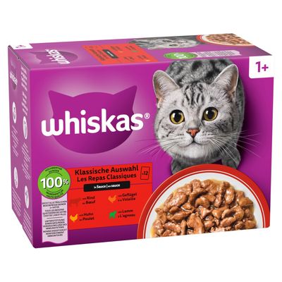 Whiskas 1+ buste 12 x 85 g Alimento umido per gatto Selezione Classica in Salsa
