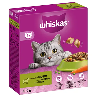 Whiskas kuivaruoka kissoille 1 vuodesta alkaen, lampaanlihaa, 800 g. Ei keinotekoisia lisäaineita, luonnollinen kuidun lähde, 100 % täysravinto.