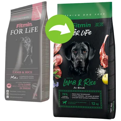 Två förpackningar Fitmin For Life hundfoder, Lamb & Rice. Ena påsen visar 15 kg, den andra 12 kg med text: 78 % animaliskt protein, hypoallergen, utan majs och vete.
