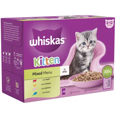 Boîte Whiskas Kitten Mixed Menu en gelée, 12 sachets pour chatons 2–12 mois, saveurs bœuf, poulet, saumon, thon. Texte visible : 100 % ingrédients de qualité.