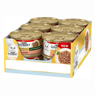 Purina Gourmet Gold cibo per gatti, strisce morbide e sottili con salmone. Confezione mostra più lattine e immagine del prodotto con strisce di carne. Nuova etichetta.