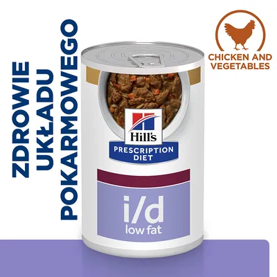 Hill's Prescription Diet i/d low fat, zdrowie układu pokarmowego, chicken and vegetables. Puszka z widoczną karmą mokrą z kawałkami warzyw.