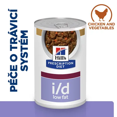 Konzerva Hill's Prescription Diet i/d low fat, péče o trávicí systém, CHICKEN AND VEGETABLES, viditelný obsah masa a zeleniny.