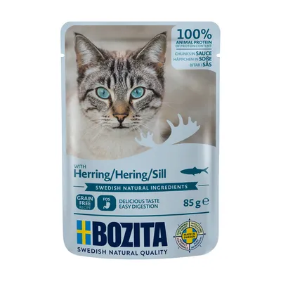 Bozita τροφή για γάτες με ρέγγα σε σάλτσα, 100% ζωική πρωτεΐνη, χωρίς δημητριακά, σουηδικά φυσικά συστατικά, 85g. Παρασκευάζεται στη Σουηδία, εύπεπτη.