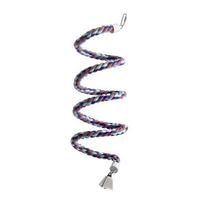 Spiral-shaped rope toy in blue, red and white with metal clip at the top and bell at the bottom.