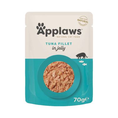 Lot de 32 sachets Applaws Chicken Breast with Beef in jelly, 70 g chacun. Texte visible : 32x70g, Applaws, Chicken Breast with Beef in jelly, 70g.