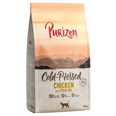 Purizon Cold-Pressed Chicken with Fish Oil, 400g. 90% składników premium, 10% warzyw, 0% zbóż. Dla kotów. Zawiera 58% kurczaka i oleju rybnego.