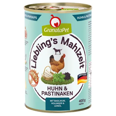 GranataPet Liebling's Mahlzeit chicken & parsnips, with basil, elderberry & linseed oil, Made in Germany, 400g net, grain-free.