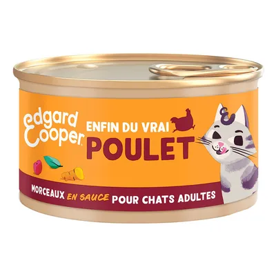 Edgard Cooper Enfin du Vrai Poulet, morceaux en sauce pour chats adultes. Blik met afbeelding van kat en kip, tekst deels in Frans.
