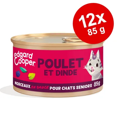 edgard cooper Poulet et Dinde, morceaux en sauce pour chats seniors, 12 x 85 g