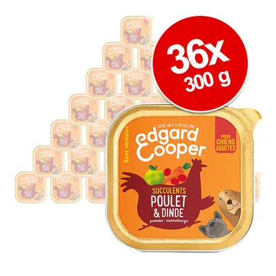Lot de 36 barquettes Edgard Cooper Poulet & Dinde, pomme canneberge, sans céréales, pour chiens adultes, 300 g chacune. Texte visible : 'succulents', 'pour chiens adultes'.
