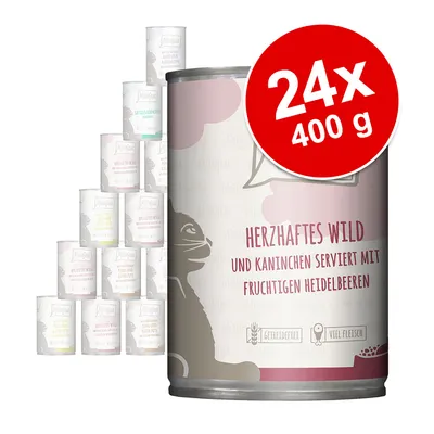 Lot de 24 boîtes de 400 g Miaujam, texte visible en allemand : 'Herzhaftes Wild und Kaninchen serviert mit fruchtigen Heidelbeeren', mention 'getreidefrei' et 'viel Fleisch'.