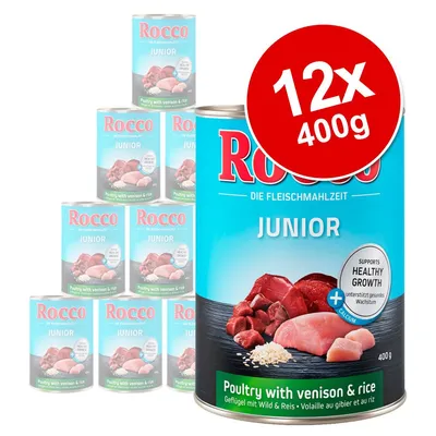 Rocco Junior Poultry with venison & rice, 12 x 400g tins. Visible text: supports healthy growth, calcium. Blue packaging with images of meat and rice.