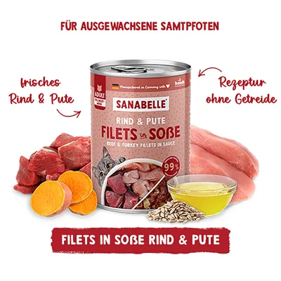 Sanabelle Rind & Pute Filets in Soße, für ausgewachsene Samtpfoten, frisches Rind und Pute, Rezeptur ohne Getreide, 99% Fleischanteil.