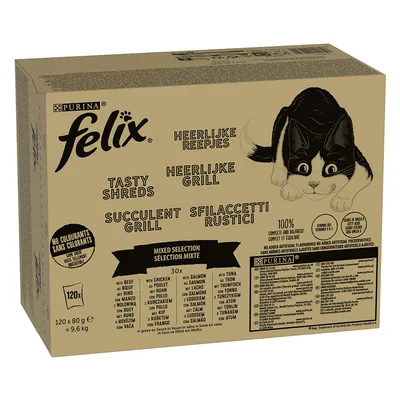 Boîte Purina Felix Sélection Mixte 120 x 80 g, sans colorants, variétés : bœuf, poulet, dinde, saumon, thon. Texte visible en plusieurs langues sur l’emballage.
