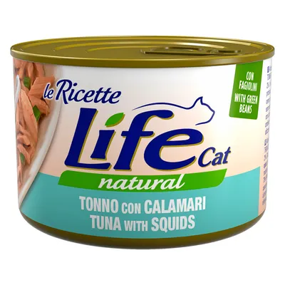 Boîte Life Cat natural, le Ricette, tonno con calamari, tuna with squids, avec haricots verts. Texte en italien et anglais visible sur l’emballage.
