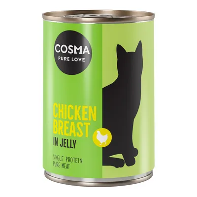 Cosma Pure Love. Csirkemell zselében. Egyféle fehérje, tiszta hús. Zöld dizájn fekete macska sziluettel és sárga csirke szimbólummal.