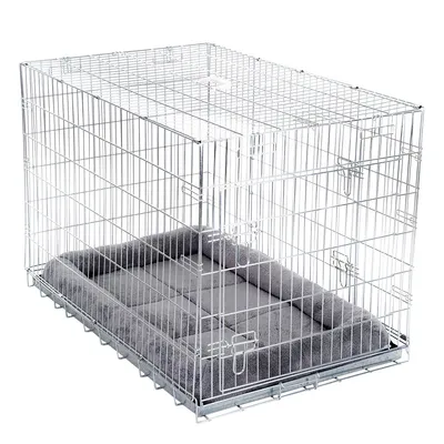 Gabbia in metallo con pareti a griglia e fondo imbottito grigio. Adatta per pet, visibile con due porte e chiusura di sicurezza.