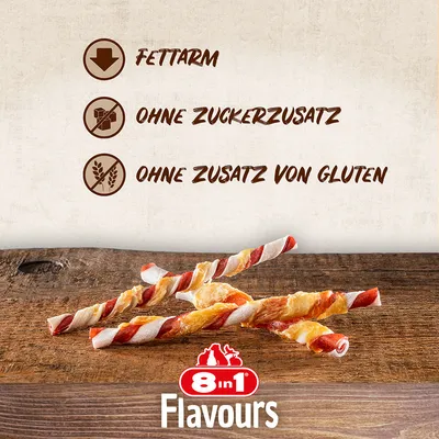 8in1 Flavours. Texte en allemand : Fettarm, ohne Zuckerzusatz, ohne Zusatz von Gluten. Friandises torsadées visibles sur une table en bois. 8in1 Flavours. Texte en allemand : Fettarm, ohne Zuckerzusatz, ohne Zusatz von Gluten. Friandises torsadées visibles sur une table en bois.