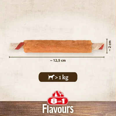 8in1 Flavours kutyasnack, hossza kb. 12,5 cm, átmérője kb. 2 cm, 1 kg feletti kutyáknak alkalmas.