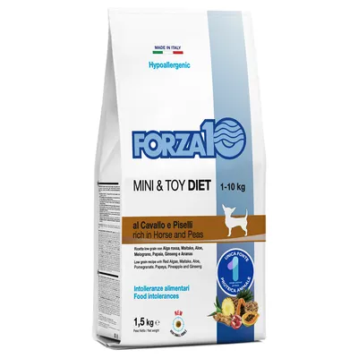 FORZA10 MINI & TOY DIET 1–10 кг, хипоалергенна храна за кучета с кон и грах, 1,5 кг. Информация: хранителни непоносимости, единствен източник на животински протеин. FORZA10 MINI & TOY DIET 1–10 кг, хипоалергенна храна за кучета с кон и грах, 1,5 кг. Информация: хранителни непоносимости, единствен източник на животински протеин.