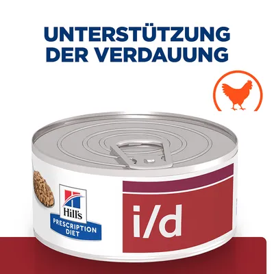 Hill's Prescription Diet i/d Dose, Unterstützung der Verdauung, mit Huhn. Hill's Prescription Diet i/d Dose, Unterstützung der Verdauung, mit Huhn.