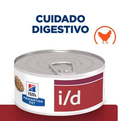 Lata de Hill's Prescription Diet i/d con texto 'Cuidado digestivo' y símbolo de pollo. Envase metálico, etiqueta visible en rojo y blanco. Lata de Hill's Prescription Diet i/d con texto 'Cuidado digestivo' y símbolo de pollo. Envase metálico, etiqueta visible en rojo y blanco.