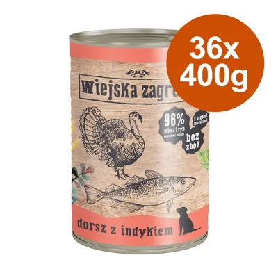 Wiejskia Zagroda Nassfutter für Hunde, Dorsch mit Truthahn, 96% Fleisch und Fisch, ohne Getreide, Packungsgrösse: 36x400g.