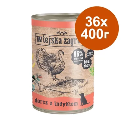 Консерва Wiejska Zagroda dorsz z indykiem, 96% месо и риба, без зърно, 36×400 г. Текст на полски език. Консерва Wiejska Zagroda dorsz z indykiem, 96% месо и риба, без зърно, 36×400 г. Текст на полски език.
