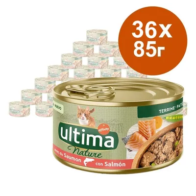 Кутия с пастет за котки Ultima Nature със сьомга, 36 броя по 85 г. Видими са консерви и надпис: 36x85г.