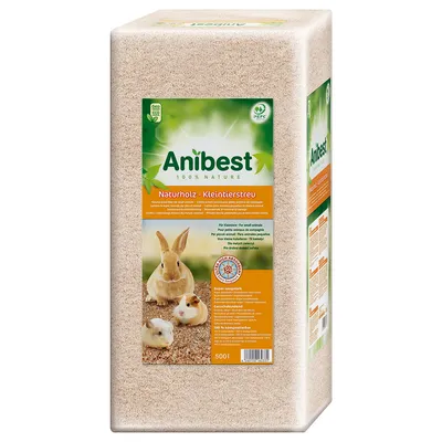 Anibest постелка от естествено дърво за дребни животни, 100% компостируема, неутрализираща миризми, силно абсорбираща. Подходяща за зайци и морски свинчета. Съдържание: 500 л.