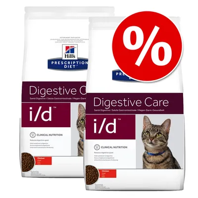 Hill's Prescription Diet Digestive Care i/d Chicken kissanruoka, kaksi pakkausta, punainen prosenttimerkki alennuksesta