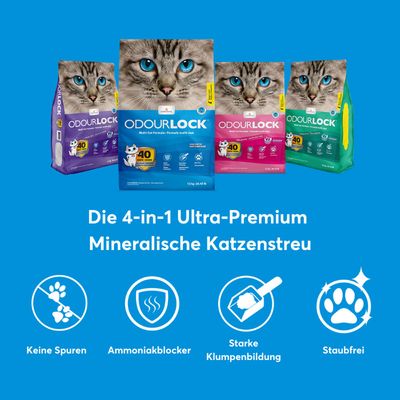 Odourlock 4-in-1 Ultra-Premium mineralische Katzenstreu. Eigenschaften: keine Spuren, Ammoniakblocker, starke Klumpenbildung, staubfrei. Verpackungen in Blau, Pink, Grün und Lila sichtbar.