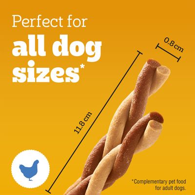 Perfect for all dog sizes. Length: 11.8 cm, diameter: 0.8 cm. Complementary food for adult dogs. Chicken symbol visible.