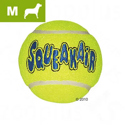 Balle de tennis jaune avec texte SQUEAKAIR, taille M indiquée par une icône de chien et la lettre M en haut à gauche.