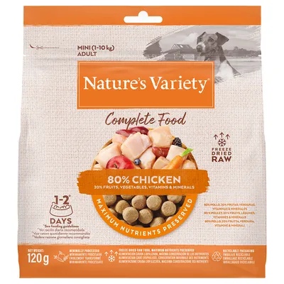 Sachet Nature’s Variety Complete Food pour chien adulte mini 1–10 kg, 120 g. 80 % chicken, 20 % fruits, légumes, vitamines et minéraux. Alimentation crue lyophilisée. Emballage recyclable.