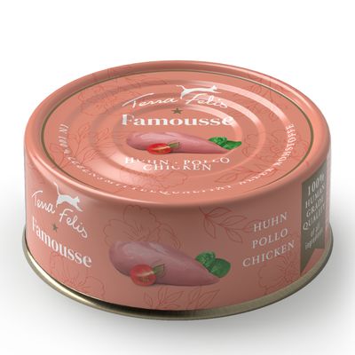Terra Felis Famousse Kip Pollo Chicken, 100% Human Grade Quality, blik met afbeelding van kipfilet en tomaat.