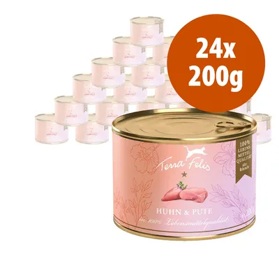 24 lattine da 200 g di Terra Felis Huhn & Pute, etichetta con scritta '100% Lebensmittelqualität', immagine di carne su sfondo rosa. Testo in tedesco visibile sull'etichetta.