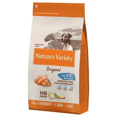 Nature's Variety Original, 1,5 кг, для взрослых собак мини (1–10 кг), с 315 г лосося, основной ингредиент – филе рыбы, без зерна. Видны кусочки лосося и овощи.