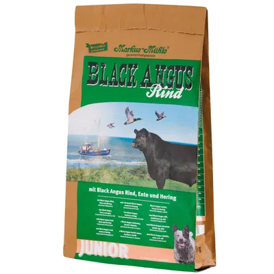 Markus-Mühle Black Angus Rind Junior, lisované za studena, s Black Angus hovädzím, kačicou a sleďom. Pre šteňatá a mladé psy.