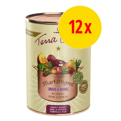 Confezione Terra Canis Marktragout Wild & Huhn, zucca, pera e timo. Testo visibile: 12x, 100% qualità carne, Market Ragout Game & Chicken, Pumpkin & Pear.