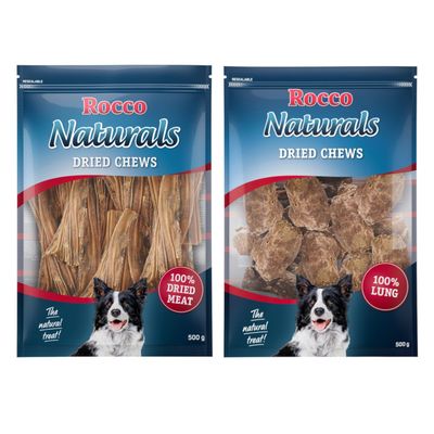 Rocco Naturals Dried Chews, 100% Lung, 500 g. The natural treat! Verpackung mit getrockneten Kausnacks und Hundebild.