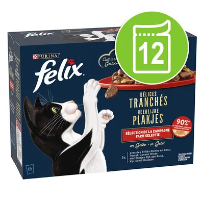 Purina Felix Délices Tranchés, 12 Portions, 90% tierische Proteine, Auswahl vom Land, in Gelee, Rind, Huhn, Ente, Pute. Große grüne 12 auf Dose abgebildet.
