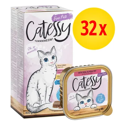 Opakowanie i tacka Catessy Fine Paté, 32 x 100 g. Widoczny napis: YUMMMMEOW!, Oh, so smooootth!, With veal & poultry, bez dodatku cukru. Waga opakowania: 800 g. Opakowanie i tacka Catessy Fine Paté, 32 x 100 g. Widoczny napis: YUMMMMEOW!, Oh, so smooootth!, With veal & poultry, bez dodatku cukru. Waga opakowania: 800 g.