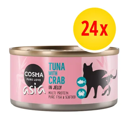 Cosma Asia Tuna with Crab in Jelly, multi protein pure fish & seafood, 24x. Opakowanie puszki z różową etykietą i sylwetką kota.