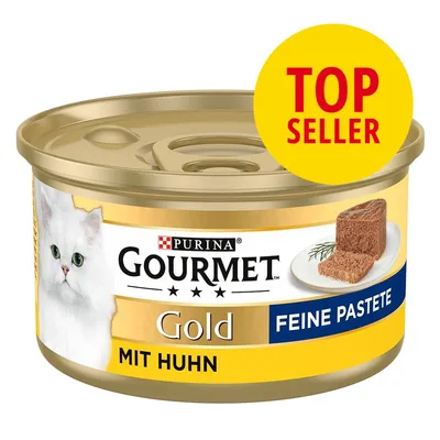 Purina Gourmet Gold Feine Pastete mit Huhn, puszka z wizerunkiem kota i kawałkiem pasztetu na talerzu, żółty znak TOP SELLER